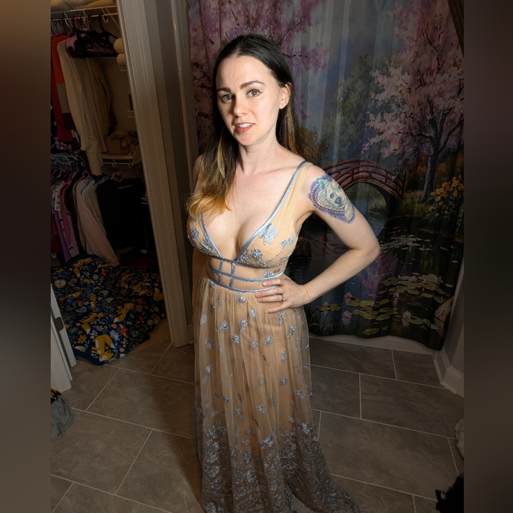 Elegant Sheer Lace Gown - Blue Floral
